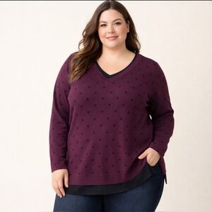 Lane Bryant V-Neck Sweater - Dark Purple with Black Dots